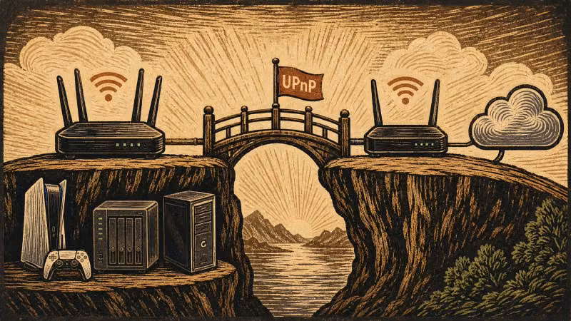 封面图：版画风格，一座小桥连接两台路由器，左边的路由器下面画着 PS5/游戏机/NAS，右边的路由器连着互联网云朵图标，桥上有 UPnP 字样的小旗子，木刻版画的线条质感和纹理，整体色调温暖复古，适合技术博客封面